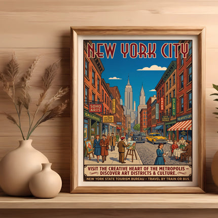Vintage New York City art print with city street scene and text.