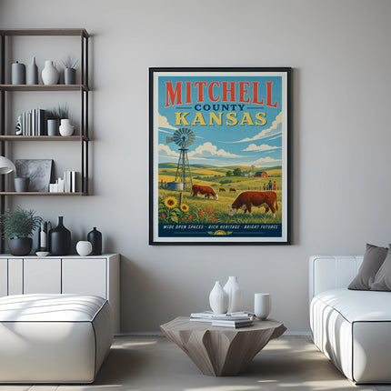 Vintage travel poster for Mitchell County, Kansas, with farm scene.