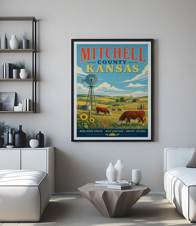 Vintage travel poster for Mitchell County, Kansas, with farm scene.