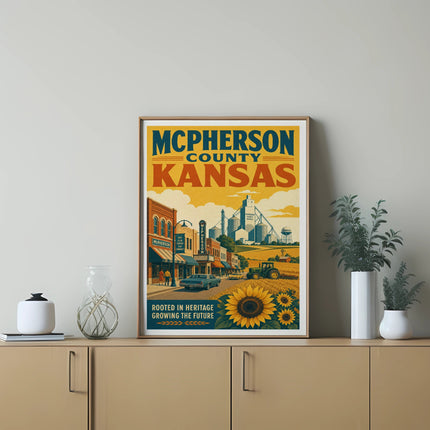 McPherson County Kansas poster with sunflowers, a town scene, and text.
