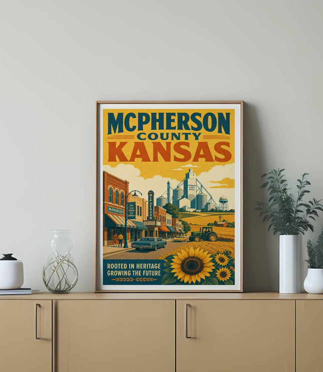 McPherson County Kansas poster with sunflowers, a town scene, and text.