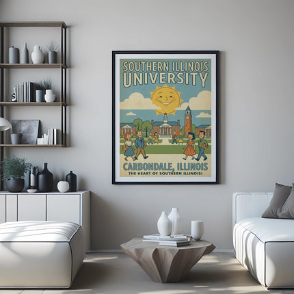 Southern Illinois University Carbondale poster with smiling sun and campus buildings.