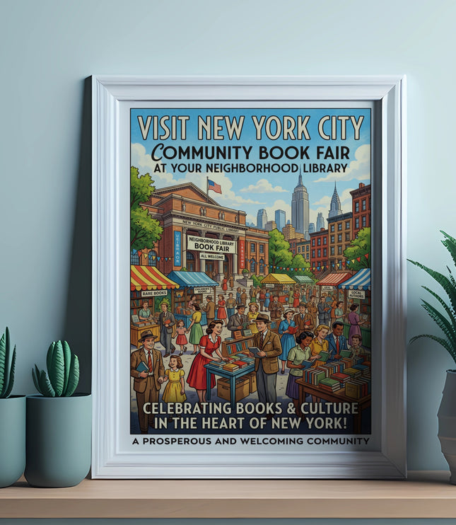 New York City Community Book Fair poster at a neighborhood library with text.