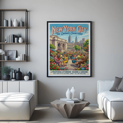 New York City The Library Courtyard poster with people reading outdoors.