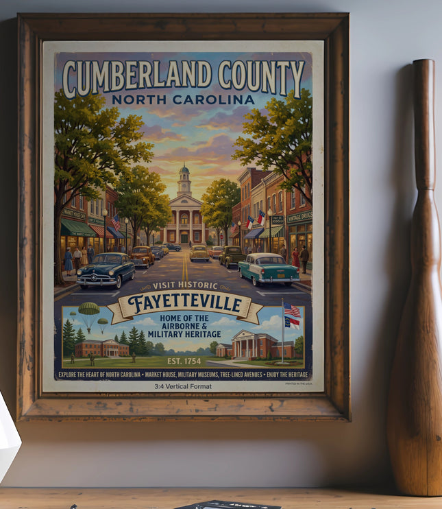 Cumberland County North Carolina vintage travel poster featuring Fayetteville.