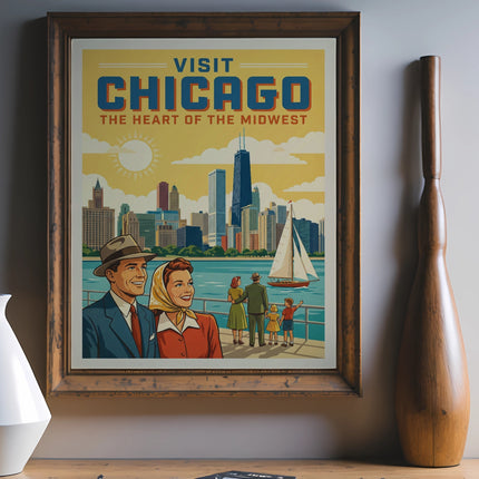Vintage "Visit Chicago" poster with people overlooking city skyline and lake.