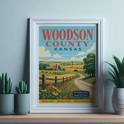 Woodson County, Kansas poster with farm scene and text.