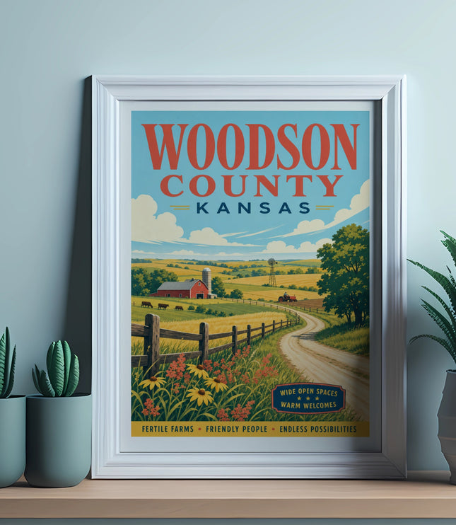 Woodson County, Kansas poster with farm scene and text.