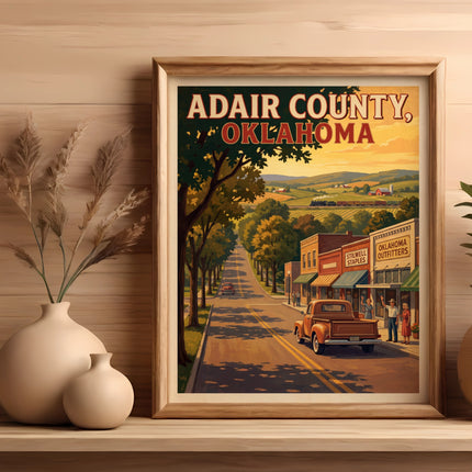 Adair County, Oklahoma vintage poster displaying a street scene with buildings and a truck.