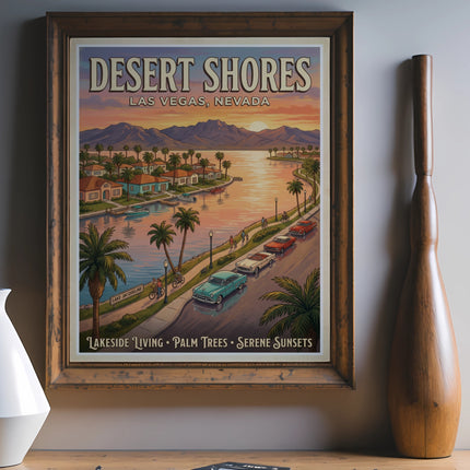 Desert Shores Las Vegas Nevada vintage travel poster with lakeside scene.