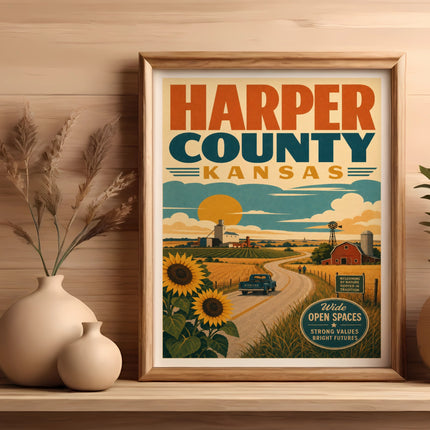 Harper County, Kansas retro poster with sunflowers, farm scene, and text.