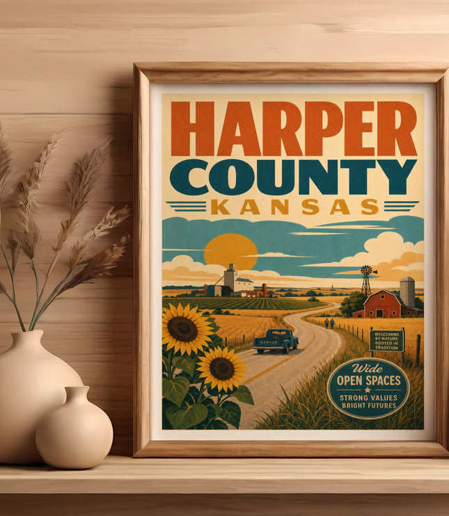 Harper County, Kansas retro poster with sunflowers, farm scene, and text.