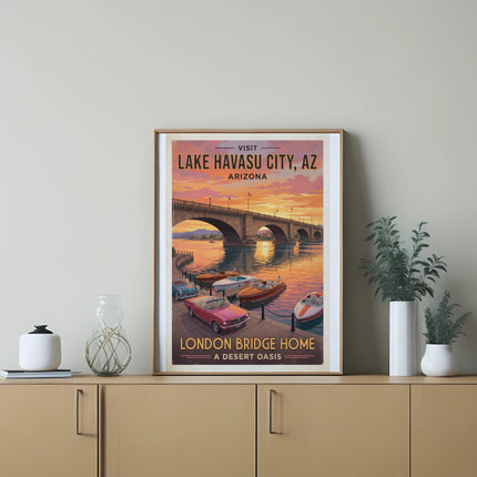 Vintage poster with London Bridge, Lake Havasu City, Arizona, boats, and classic cars.