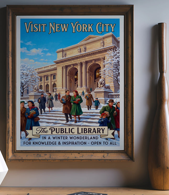 Vintage poster of New York Public Library in winter with people and text.