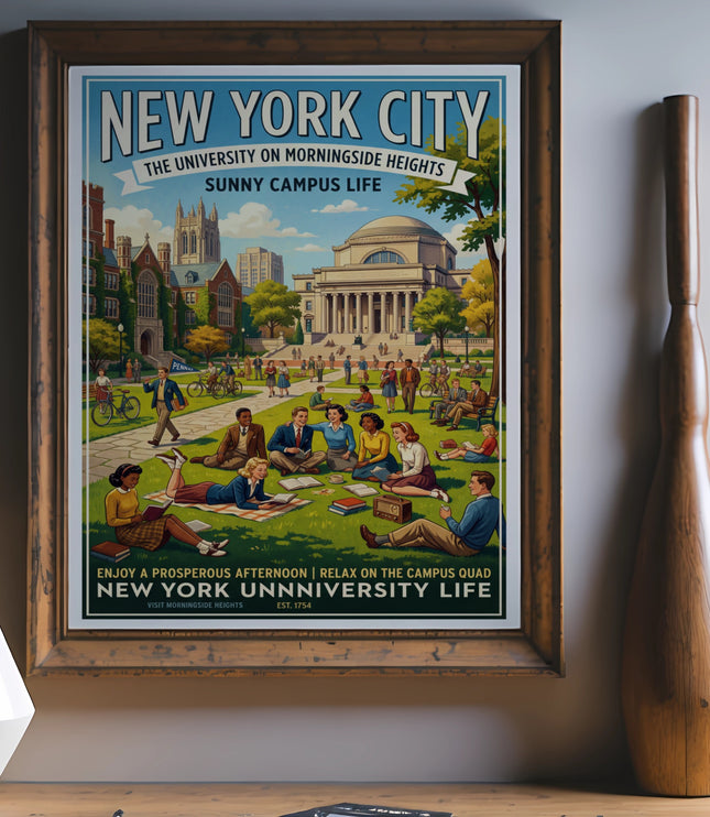 New York City University poster depicting sunny campus life with students on quad.