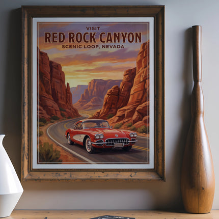 Vintage 1950s red Corvette on scenic road through Red Rock Canyon, Nevada.