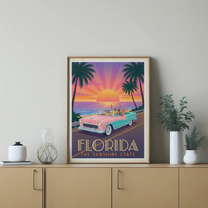 Retro convertible drives towards a Florida sunset with palm trees.