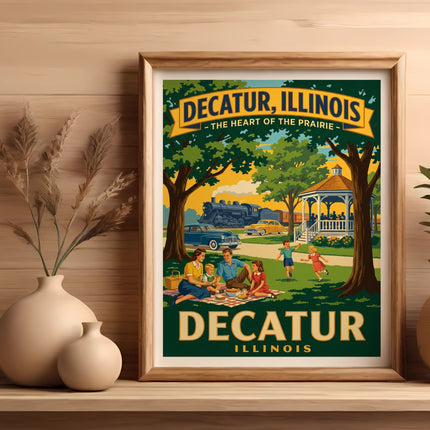 Vintage travel poster of Decatur, Illinois featuring a family picnic and train.