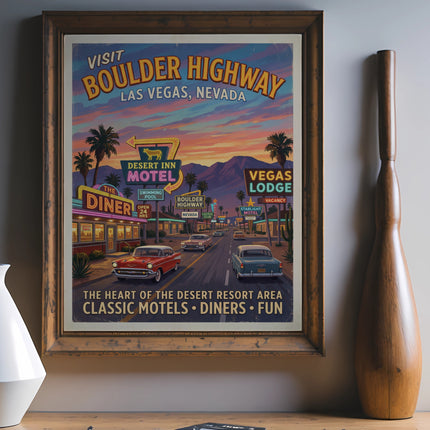 Retro "Visit Boulder Highway Las Vegas Nevada" poster with motels, diner, and cars.
