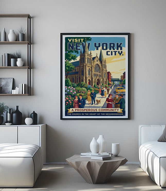 Vintage New York City poster featuring a church and people, text reads "Visit New York City".