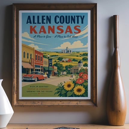 Allen County Kansas vintage travel poster with a street scene and sunflowers.