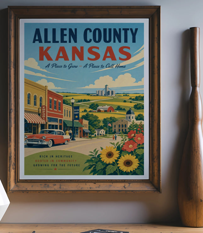 Allen County Kansas vintage travel poster with a street scene and sunflowers.