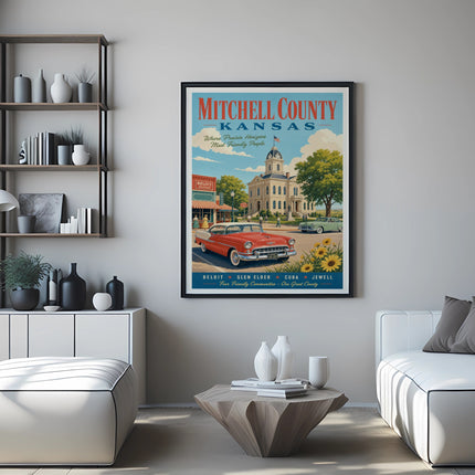 Mitchell County Kansas travel poster with vintage car and architecture.