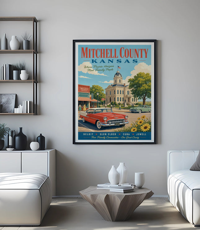 Mitchell County Kansas travel poster with vintage car and architecture.