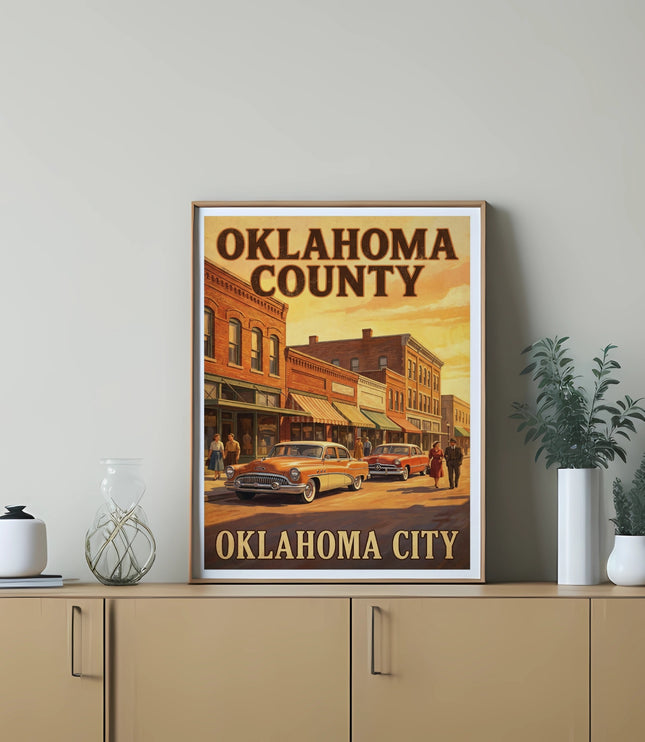 Vintage poster with text OKLAHOMA COUNTY OKLAHOMA CITY featuring street scene.