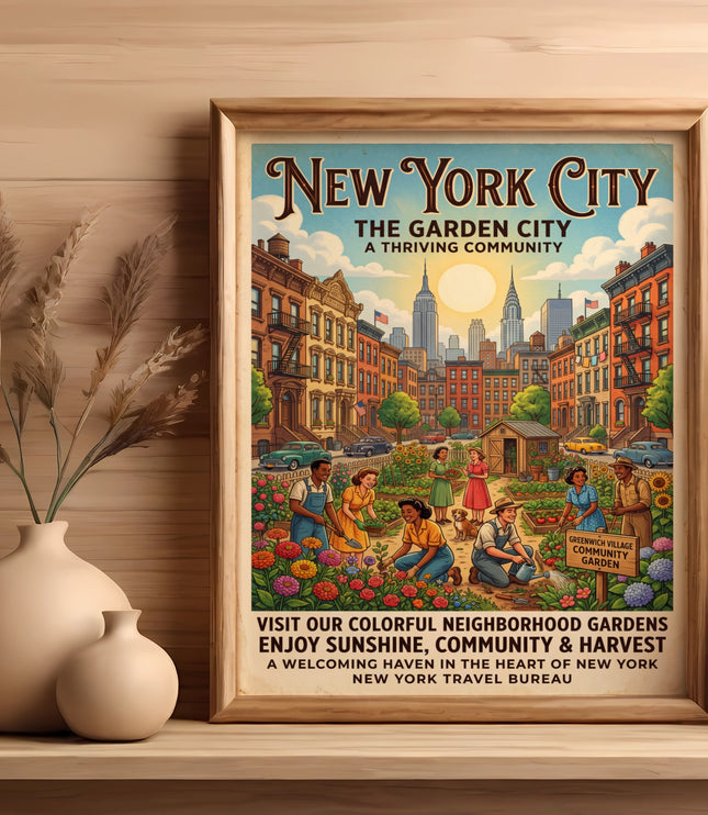 New York City poster, showing a community garden with people, buildings, and text.