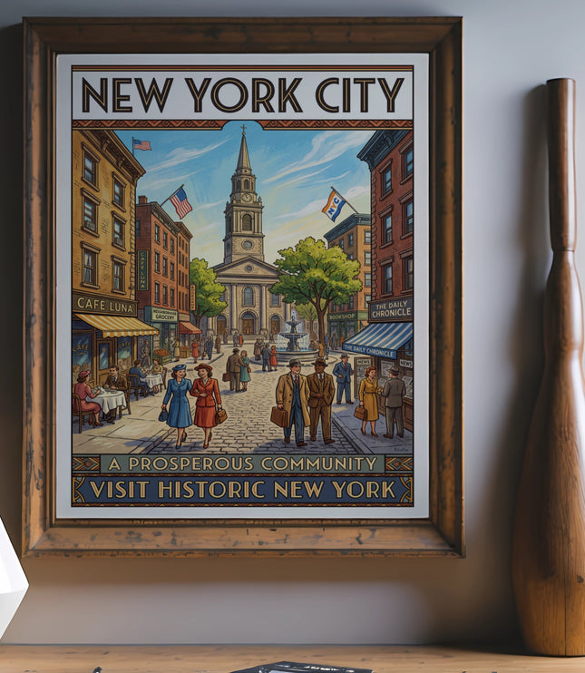 New York City vintage travel poster depicting a street scene with people and buildings.