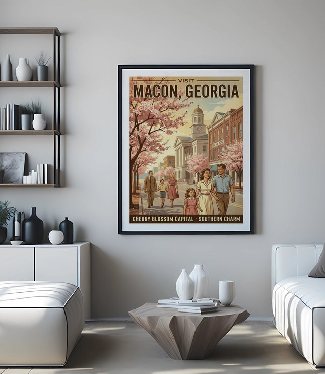 Vintage "Visit Macon, Georgia" poster with cherry blossoms and a family walking.