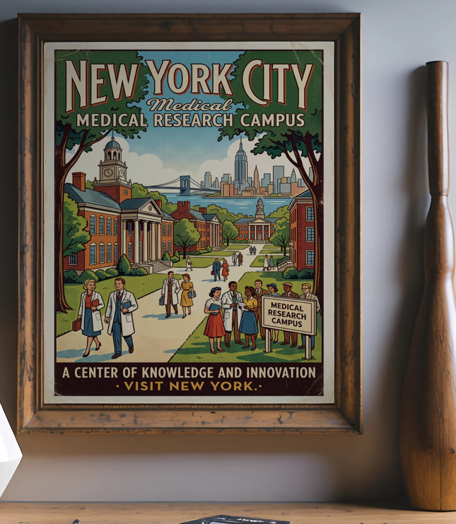 New York City Medical Research Campus vintage poster with cityscape and people.
