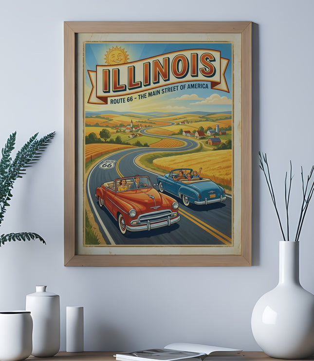 Vintage style Route 66 Illinois travel poster featuring classic cars on a winding road.