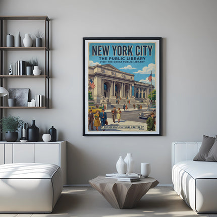 Vintage New York Public Library poster on a wall above a couch.