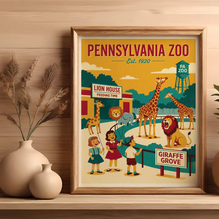 Pennsylvania Zoo poster with animals and children.