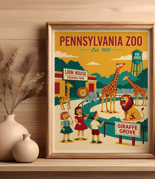 Pennsylvania Zoo poster with animals and children.