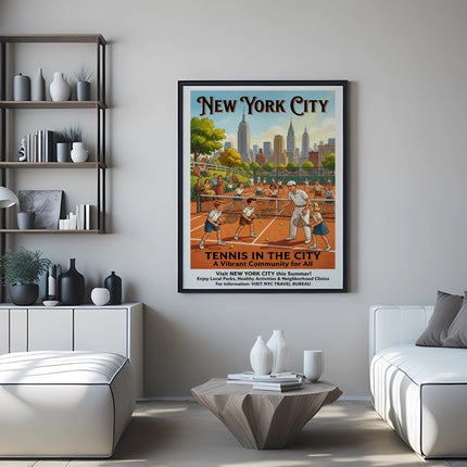Vintage New York City tennis poster with skyline and people playing tennis.