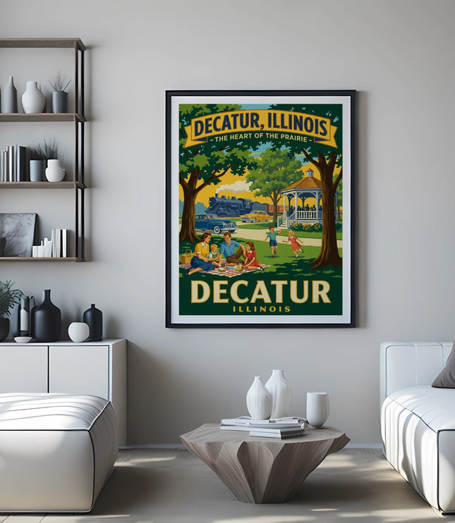 Framed "Decatur, Illinois The Heart of the Prairie" poster hanging above a couch.