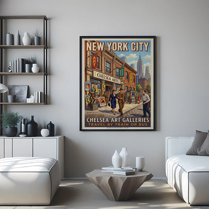 New York City vintage poster featuring Chelsea Art Galleries and train travel.