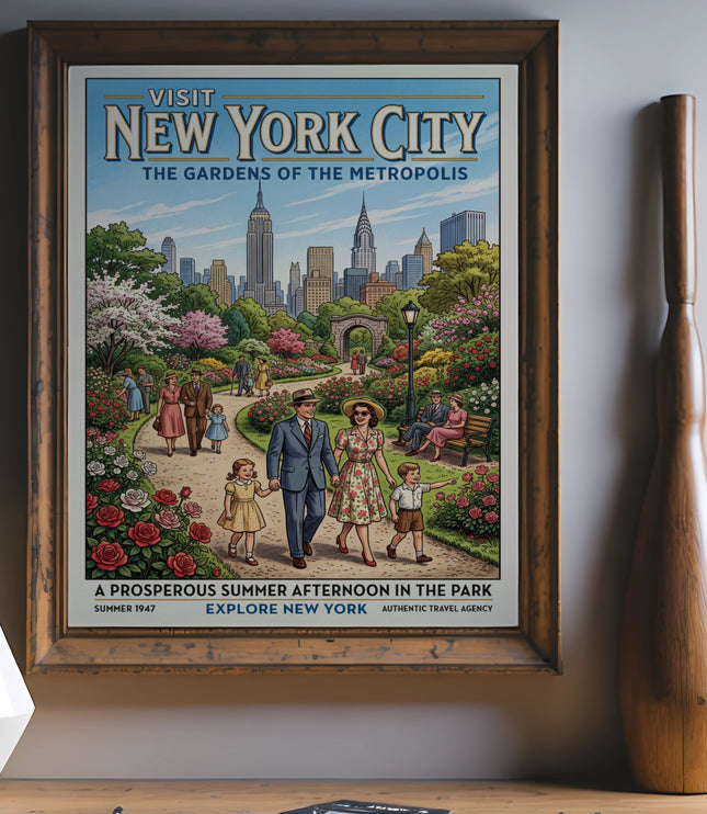Vintage "Visit New York City" poster with families in a park, skyline, and text.