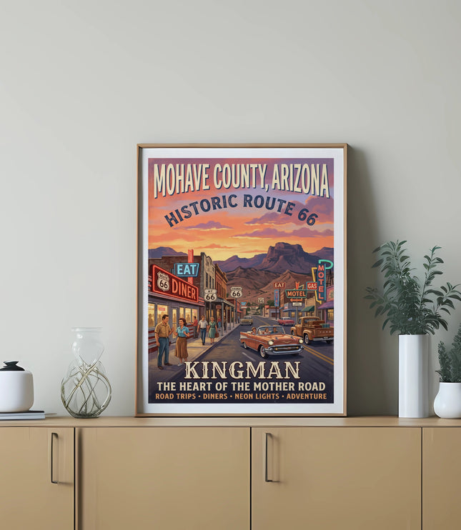Mohave County, Arizona Historic Route 66 Kingman poster with vintage street scene.