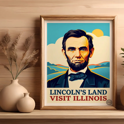 Framed "Lincoln's Land Visit Illinois" poster on a wooden shelf.