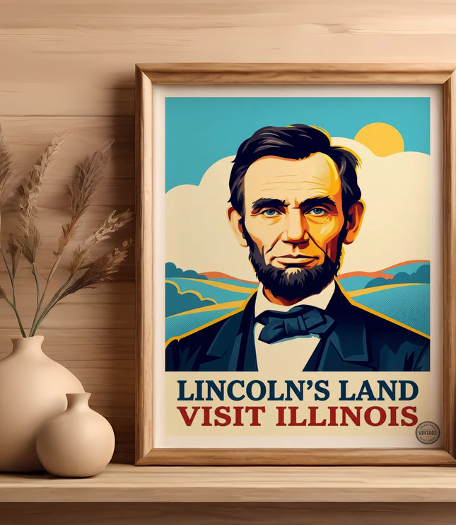 Framed "Lincoln's Land Visit Illinois" poster on a wooden shelf.