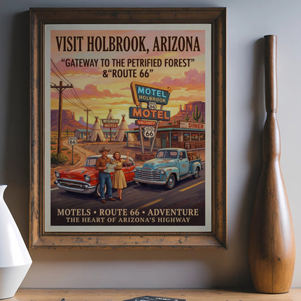 Vintage poster for Holbrook, Arizona, featuring Route 66 motels, diner, and classic cars.