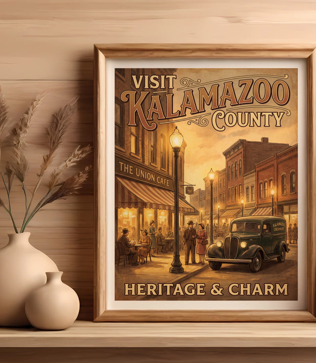 Kalamazoo County Heritage & Charm vintage poster with Union Cafe and creamery truck.