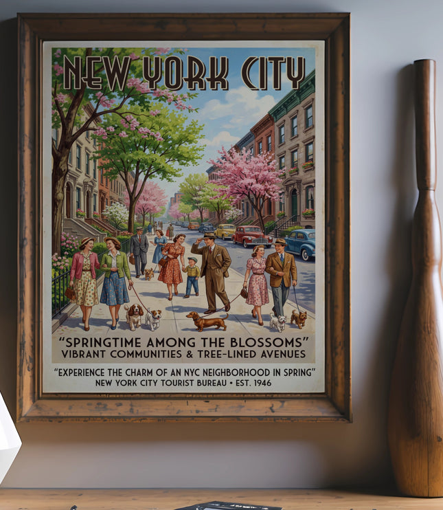 New York City vintage poster with people walking dogs and blooming trees.