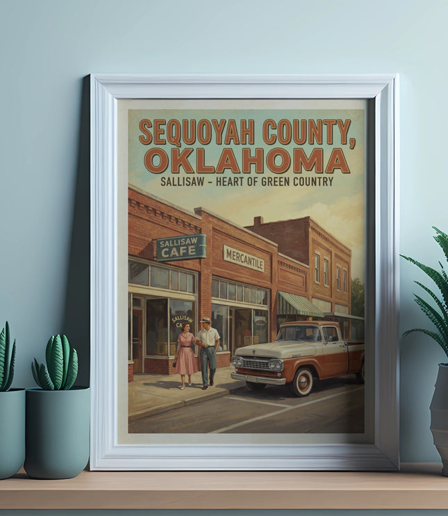 Sequoia County, Oklahoma vintage poster with Sallisaw Cafe and Mercantile storefronts.