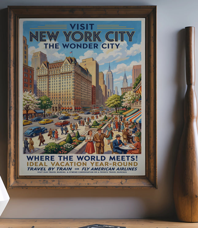 Vintage poster of New York City with text: Visit New York City, The Wonder City.