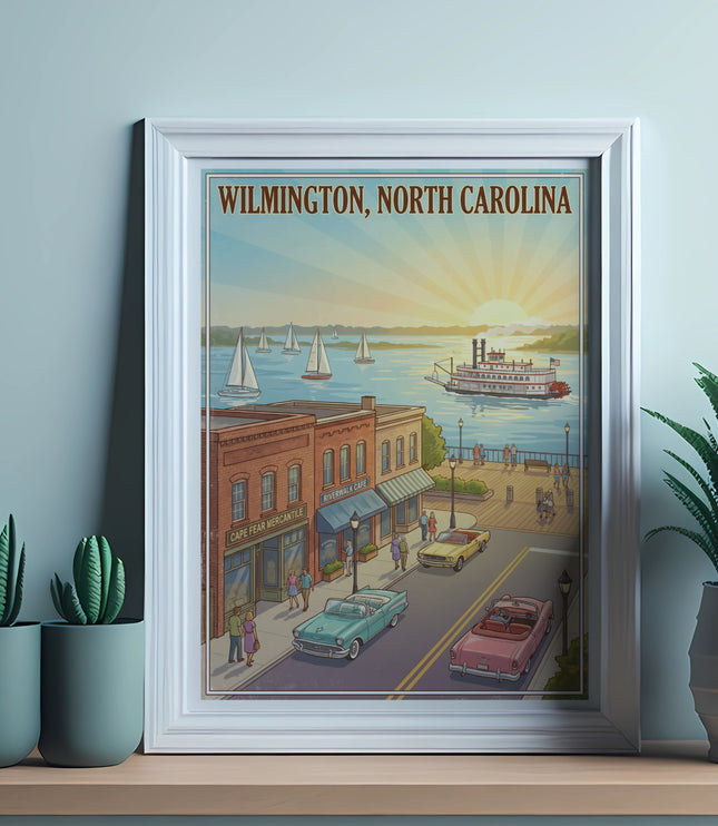 Illustration of Wilmington, North Carolina waterfront with paddlewheel boat and sailboats.